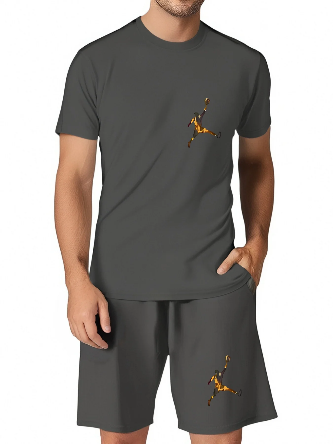 New summer men's two-piece fashion casual clothing round neck short-sleeved T-shirt and drawstring shorts sports T-shirt set