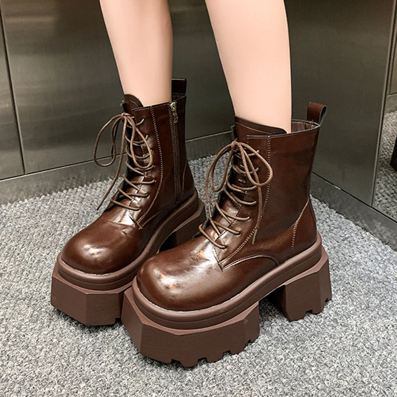 

Женские ботильоны на высоком каблуке на платформе, кожаная обувь со шнуровкой, зима 2024, дизайнерские брендовые туфли-лодочки, кожаные ботинки «Челси», Mujer Botas