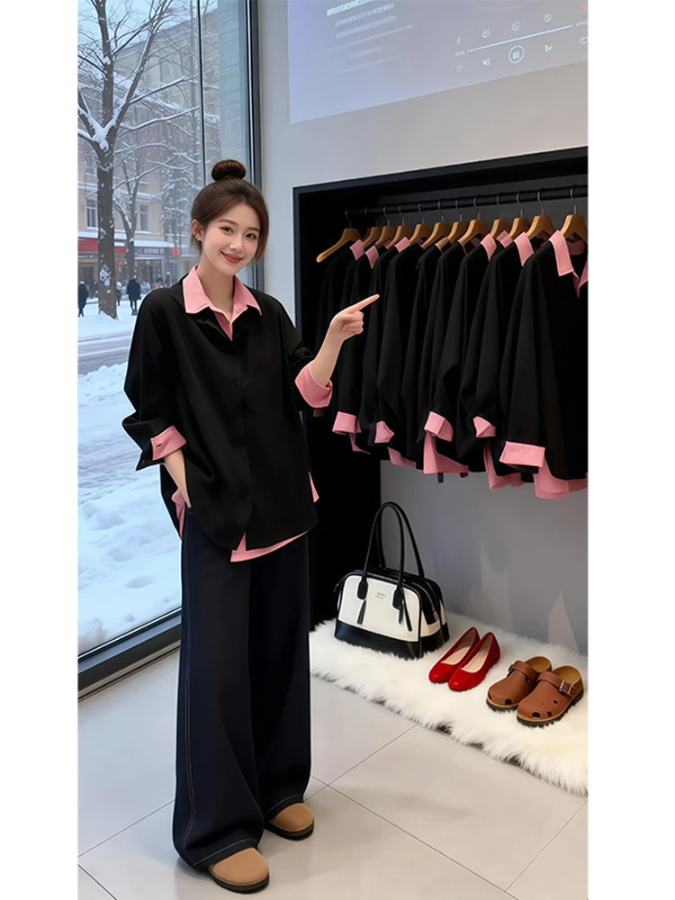 Color Block Single Button Stand Collar Shirt Women's Inner Wear Layered Spring High Fashion Youthful Top Korean Style Loose Fit
