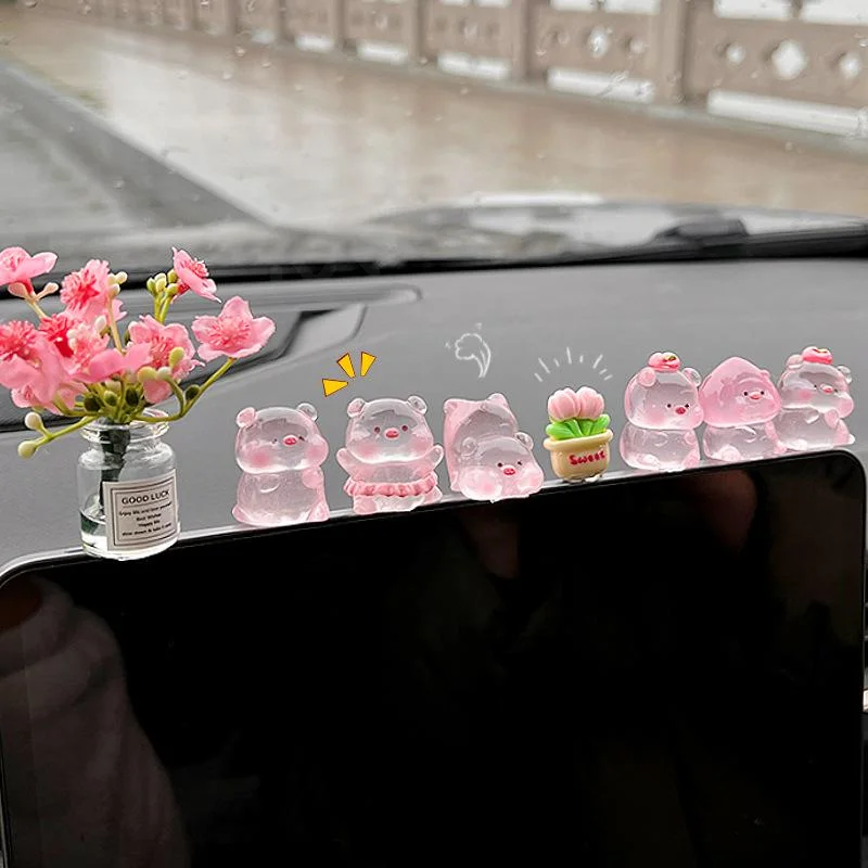 مجموعة من زخارف وإكسسوارات لوحة قيادة السيارة على شكل خنزير كرتوني لطيف من الراتنج #6