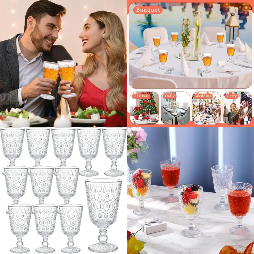 

Set of 12 9 oz Vintage-Style Colored Stemmed Wine Glasses, Elegant Embossed Glassware for Special Occasions