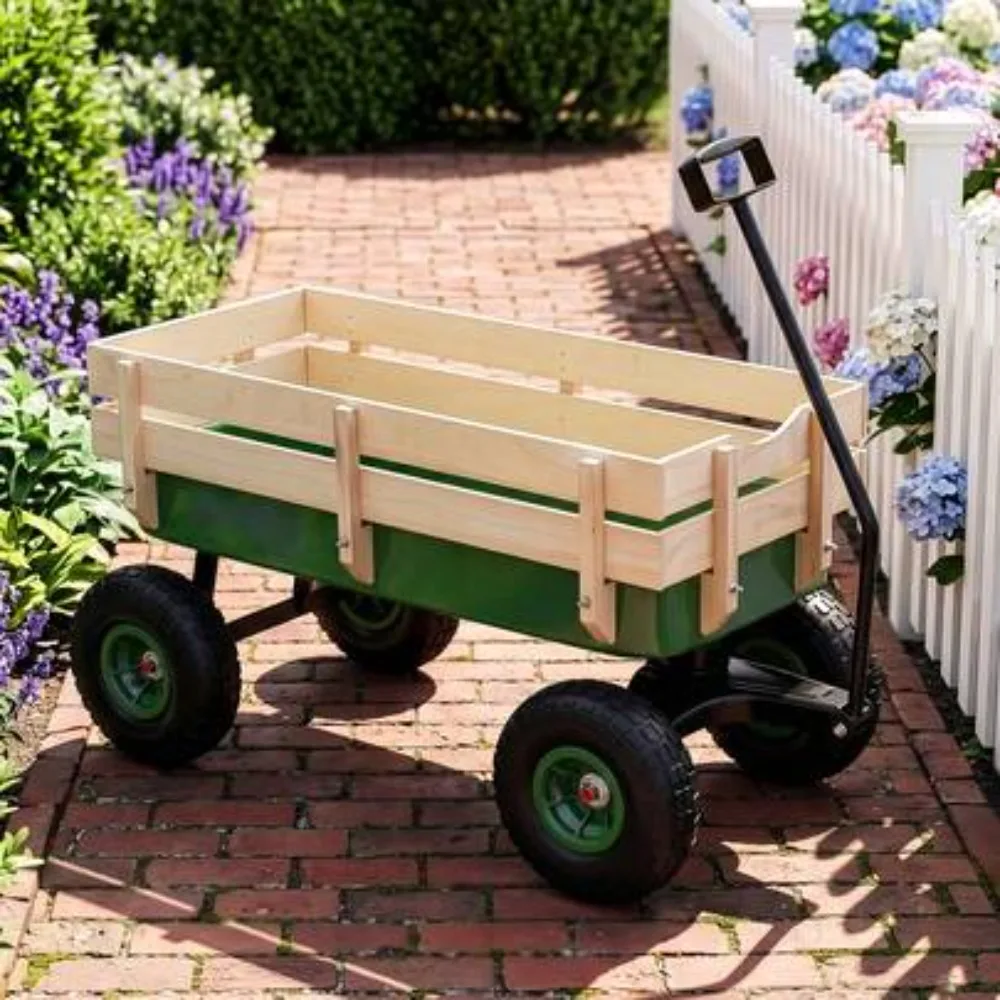 Folding Wagon Cart with 10 Inch All Terrain Air Tires and Steel Wooden Side Support Rails, 220lb Load Capacity Utility Garden Cart for Hauling Gardening Supplies Firewood Soil Tools Camping Gear Beach Trips Lawn Yard Work Moving Heavy Cargo