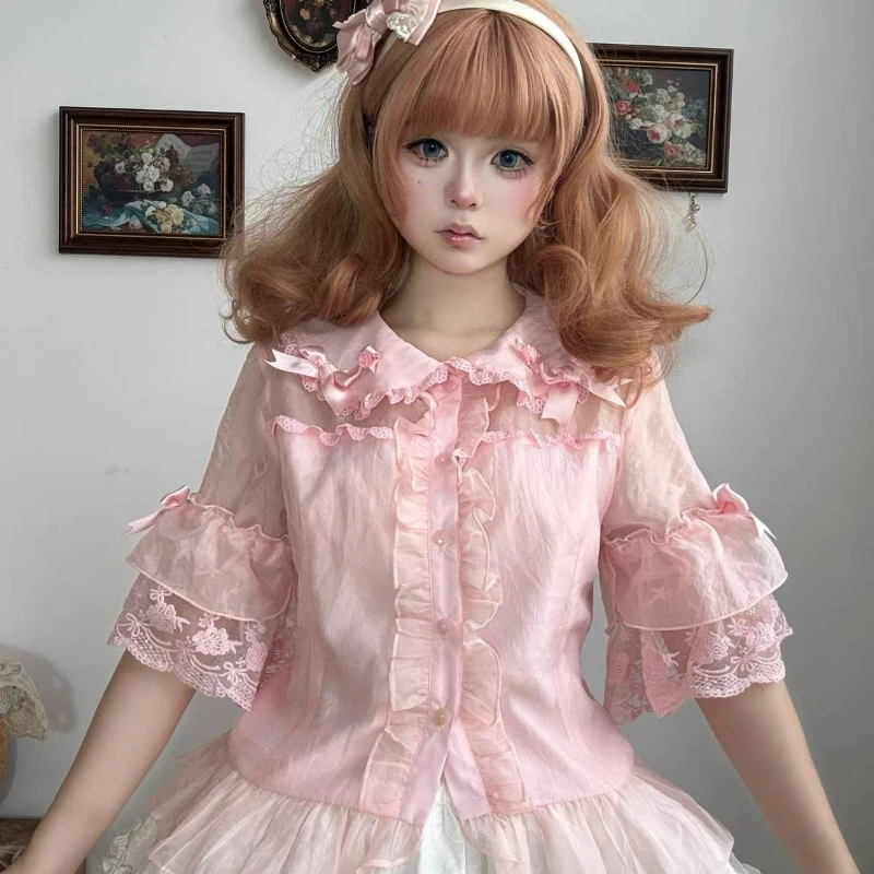 

Japaese Sweet Lolita Blouses Women Kawaii Ruffles Bow Peter Pan Collar Chiffon Shirts Tops Girls Cute Lace Puff Sleeve Blouse