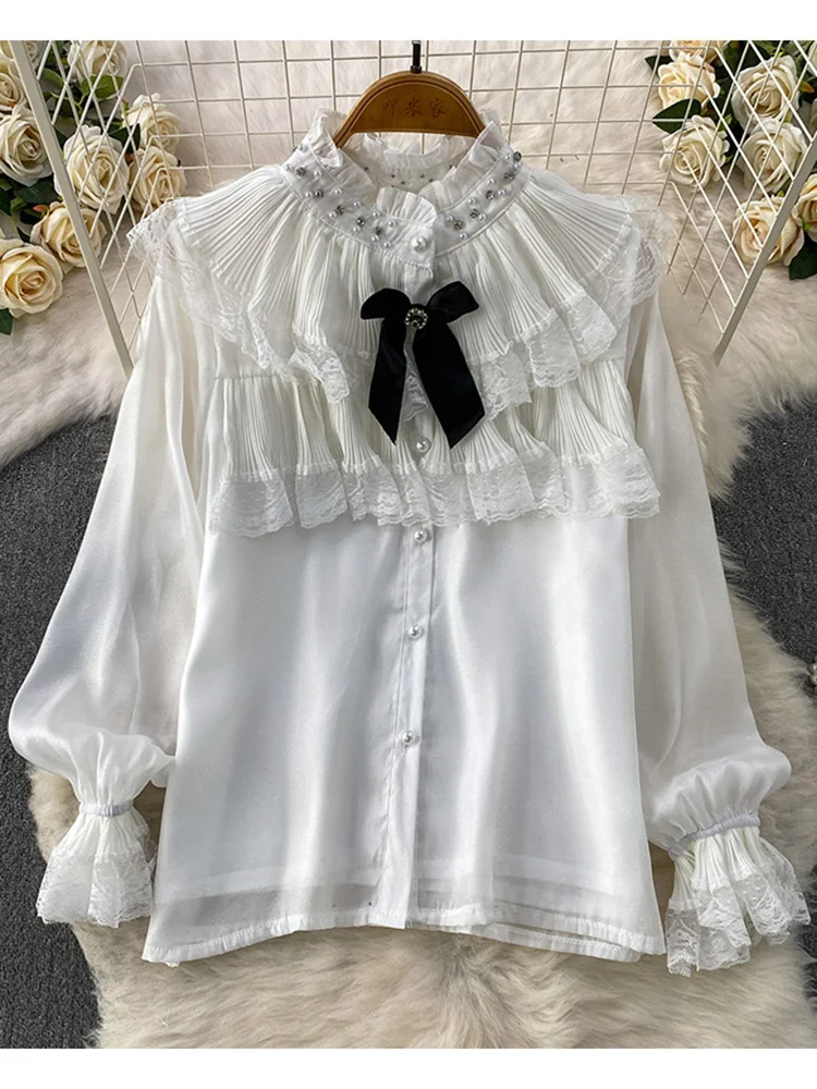 

Весенняя блузка в дворцовом стиле с бантом и кружевным воротником с рюшами для женщин, новый модный милый топ с длинными рукавами W106