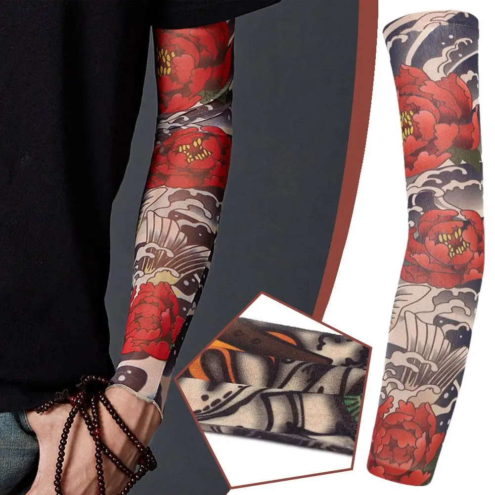 Manicotto del braccio del tatuaggio uomo falso tatuaggio temporaneo manicotti Uv stampato Punk Unisex Cool scaldamuscoli elastici-prova K3b0