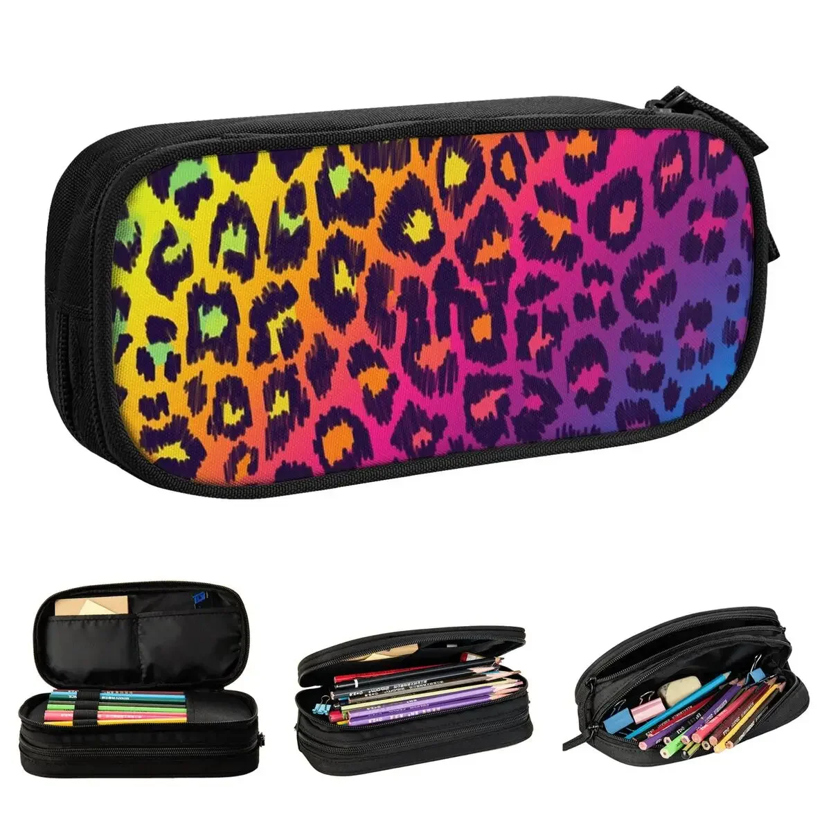 Estojo de lápis Rainbow Leopard Casos de lápis Cheetah Animal, porta-canetas para meninos, grandes sacos de armazenamento, acessórios para escritório