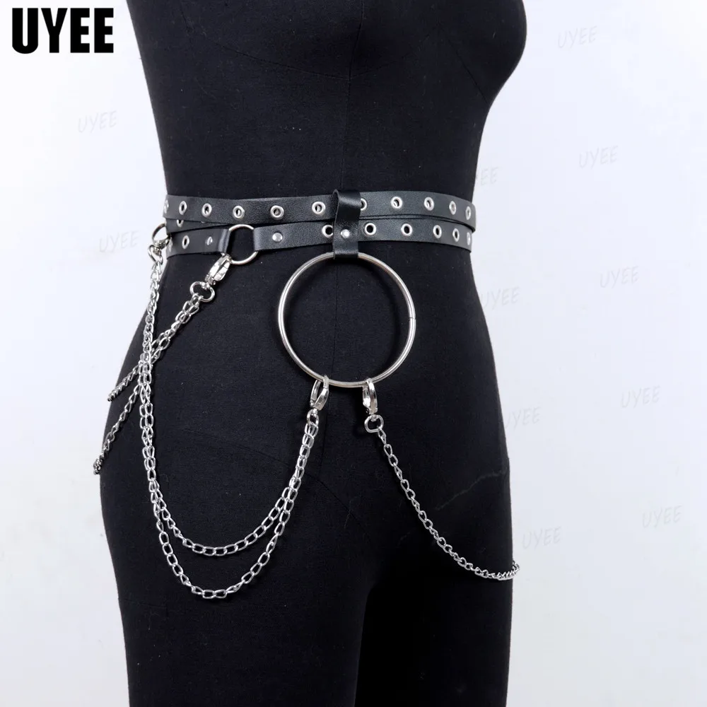 UYEE Unisex Pu Leather Harness Belts Big O Ring Metal Waist Chain Belt Women Leisure Jeans Chain Buckle Ladies Strap Garter Belt