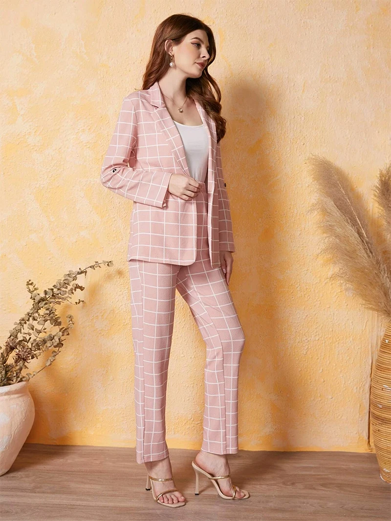 Spring Fashion Pink Check Women Pants Suits For Wedding Mother of the Bride Suit Evening Party Blazer Guest Wear 2 Pieces