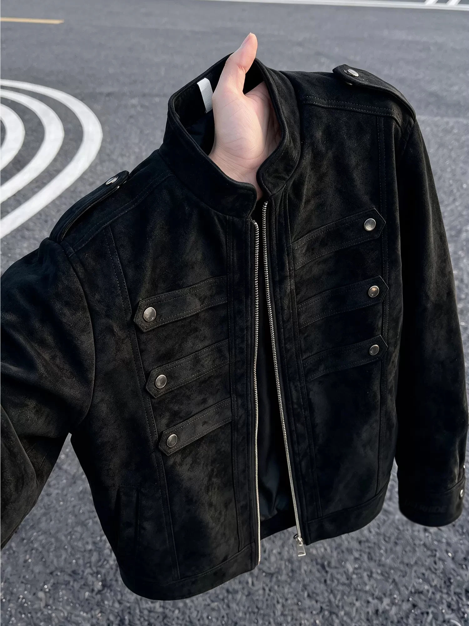 American Style Men's Stand Collar Jacket Spring Autumn High Street Workwear Top Trendy Pilot Coat Loose Fit Contrast Color PU...