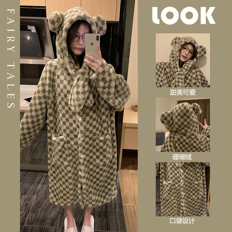 Women Winter Flannel Pajamas Set For  Animal Thick Warm Hooded With Pants Loose Pajamas Suit Home Clothes