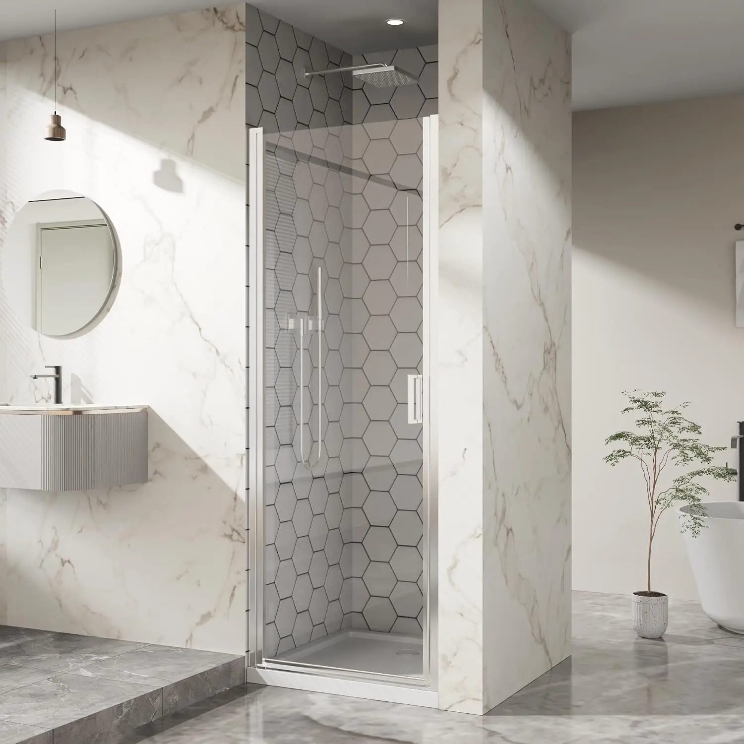 28” x 72” Pivot Shower Door, 1/4 inch Tempered Glass Panel Pivot Swing Shower Door in Chrome Finish, Semi-Frameless Design