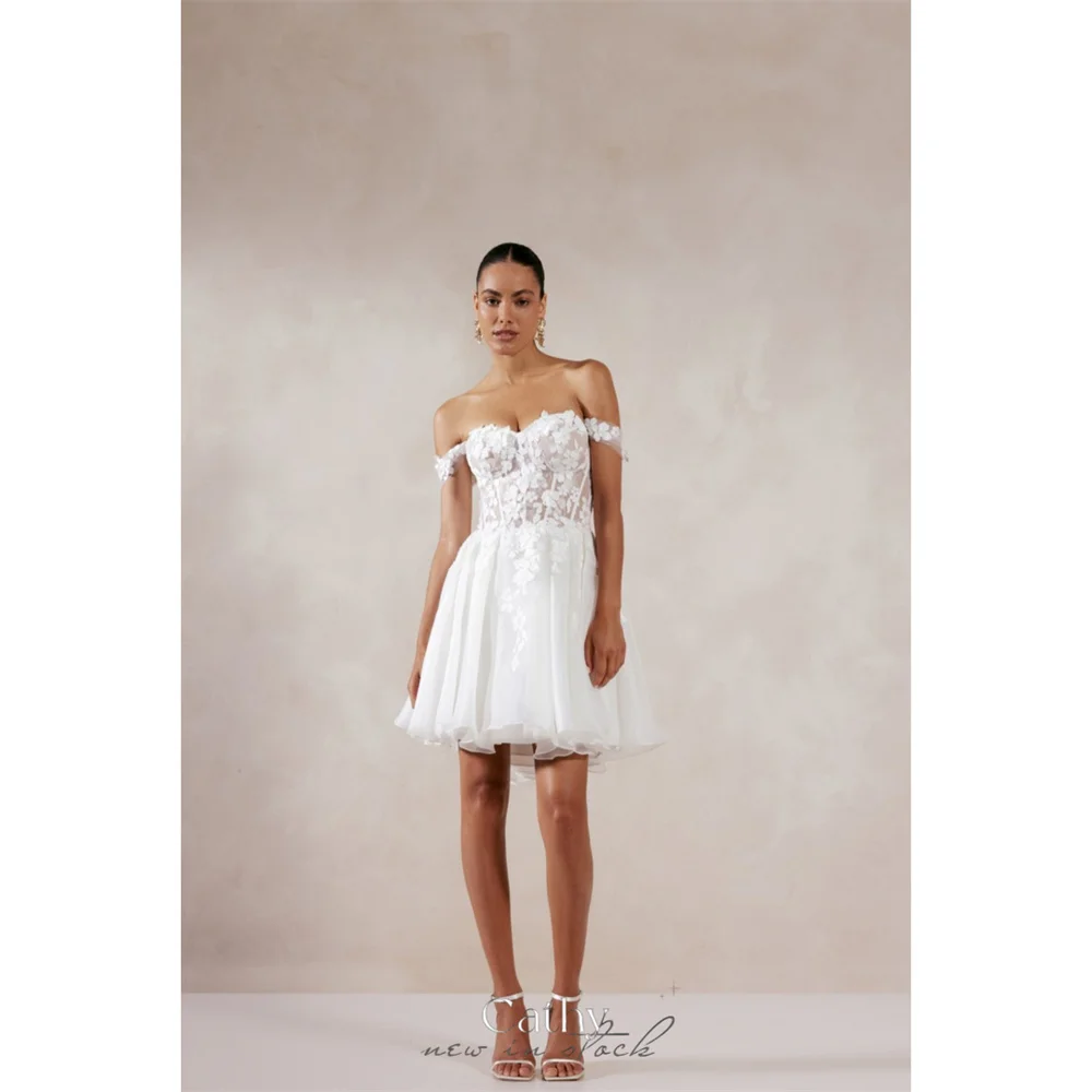 

Cathy Customized A-Line Mini Lace Appliques Wedding Dress Off Shoulder Corset vestidos de noiva Sleeveless Draped Formal Evening