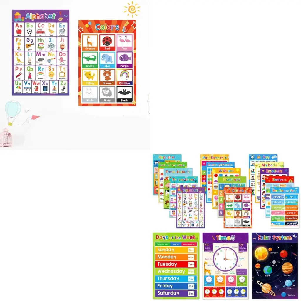  Kids Learning Posters Educational Letter Numbers Color Shapes Fruit Vegetable Animal Teaching Charts For Kindergarten
