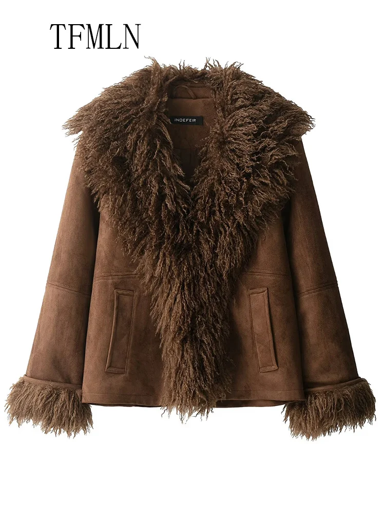 Warm Patchwork Faux Fur Jacket Women  2025 Autumn Winter Retro Covered Button Pockets Street Causal Coat Luxury Thick Outwear