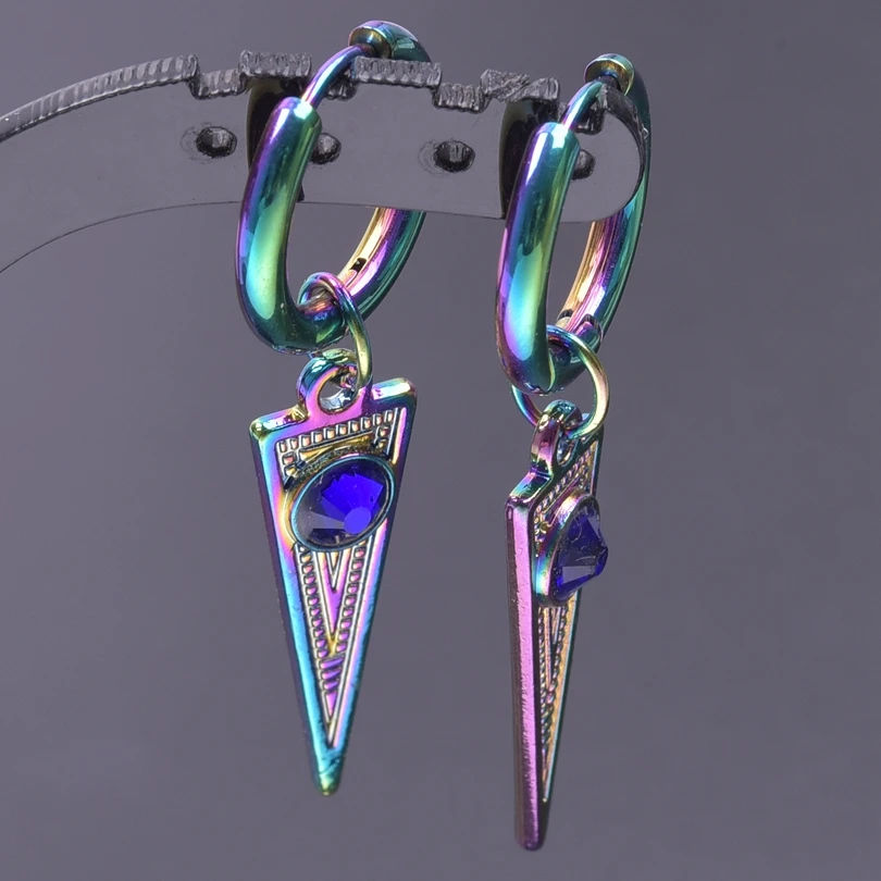 

Punk Dark Blue Rhinestone Inverted Triangle Pointed Cone Earrings For Women Men Accessories Rainbow Stainless Steel Hoop Jewelry