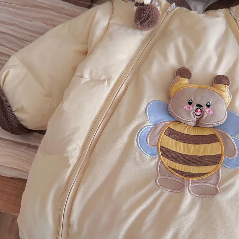 Baby Winter Snowsuit Warm Fleece Lined Hooded Romper Ears Cute Bear Bee Design Infant Puffer Jumpsuit Boys Girls Newborn to 24m