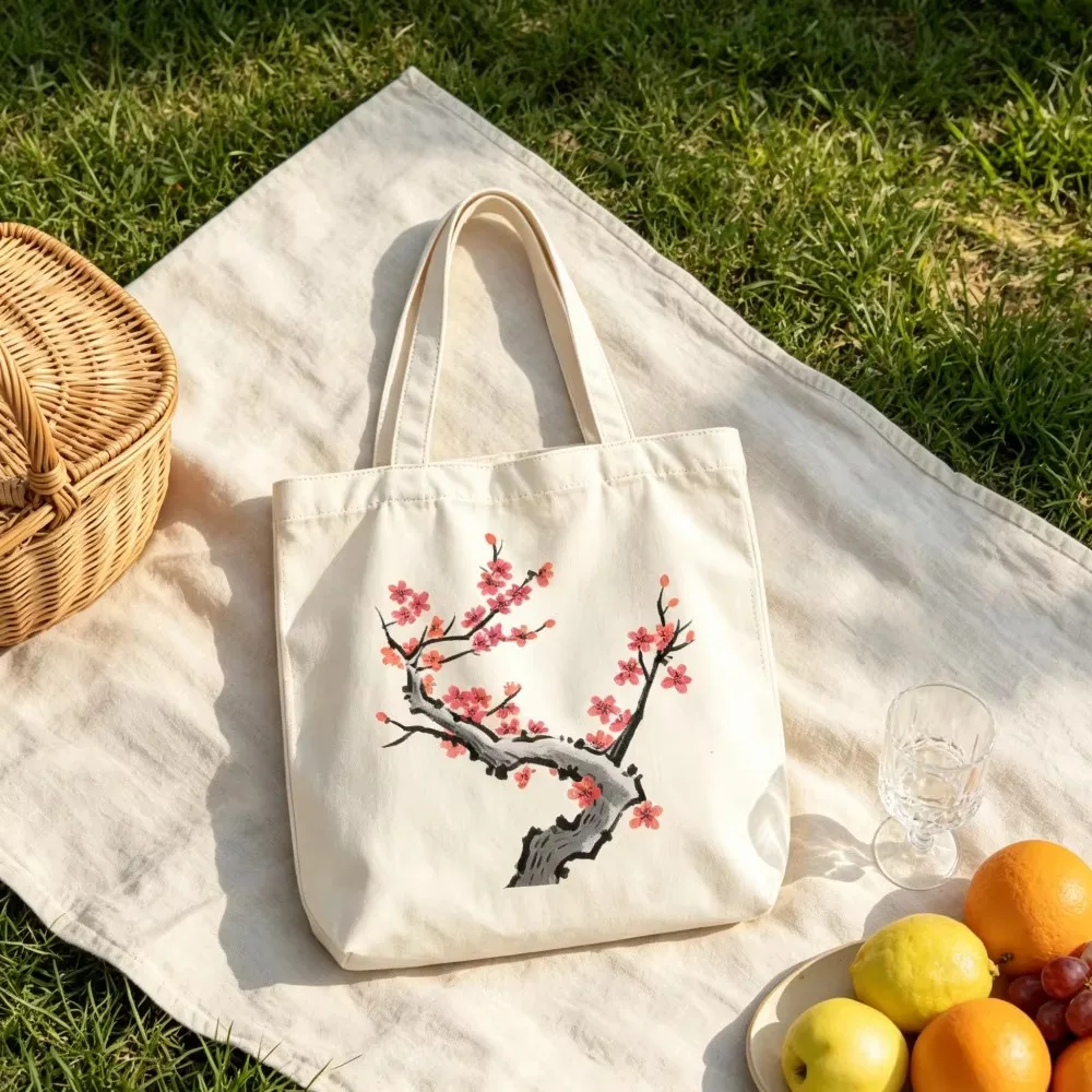 Personalized Cherry Blossom Canvas Tote Bag Custom Name Sakura Flower Branch Grocery Shopping Bag Reusable for Women Girls Gifts