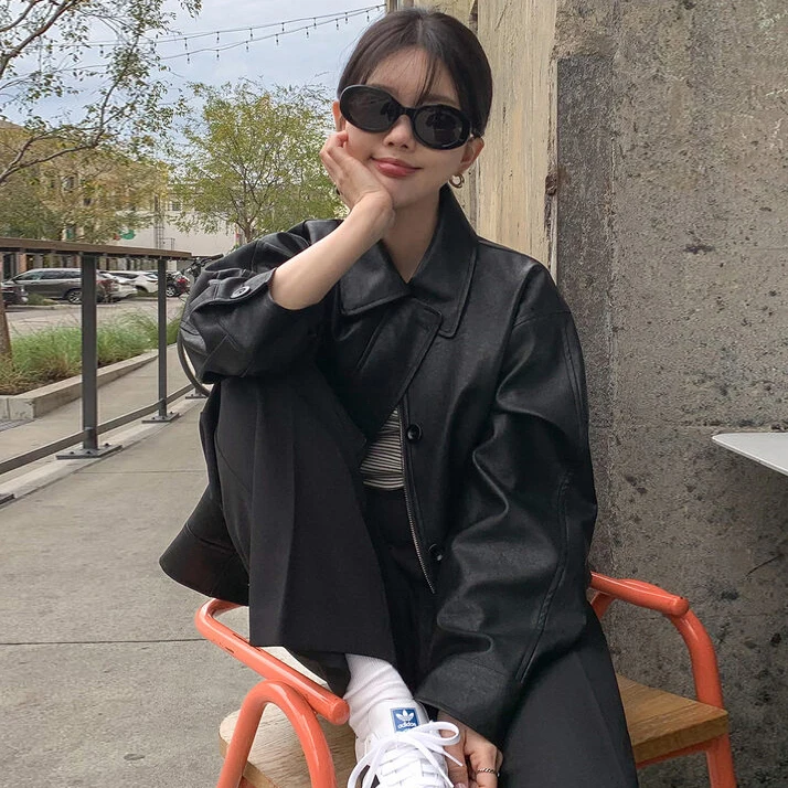 韓国スタイルカジュアル長袖レザージャケットジッパー襟バイカーベストショートコートルーズフィット女性のファッション秋 2024