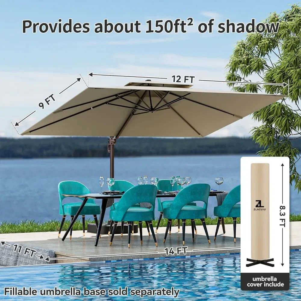 9 X 12 FT Cantilever Outdoor Patio Umbrellas Large Rectangular Umbrella, Double Top Heavy Duty Aluminum Offset Umbrellas