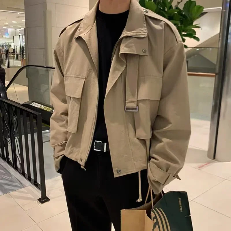 Pop 2024 Young Men's Fashion Cargo Jacket Korean Version Of The Trend Handsome Fake Two Japanese Light Luxury Retro Jacket Coat
