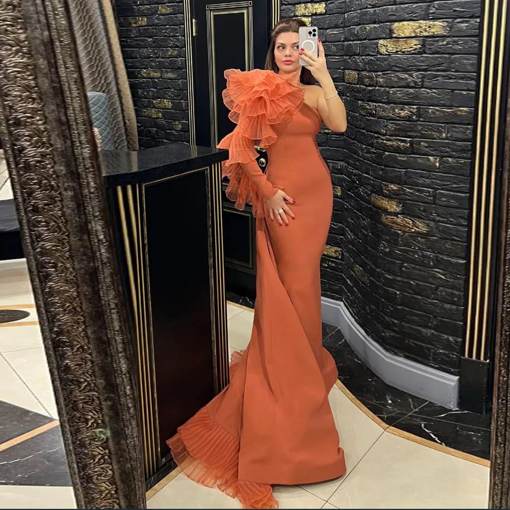 

Customized Single Shoulder Mermaid Evening Dresses Ruffles Decoation Formal Gown Satin Long Vestidos de gala