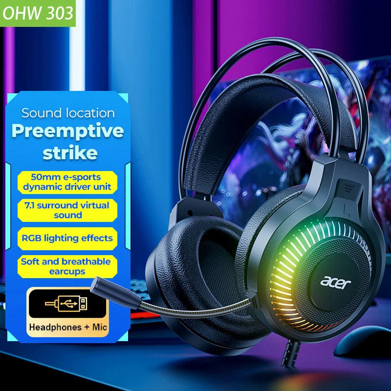 Écouteurs filaires RGB à éclairage froid, faible latence, avec micro, oreillettes respirantes et confortables, effets sonores surround pour le jeu