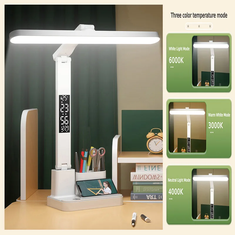 LED Clock Table Lamp USB Chargeable 3 Colors Dimmable Desk Lamp Rotateable Foldable Eye Protection Night Light With Pen Holder