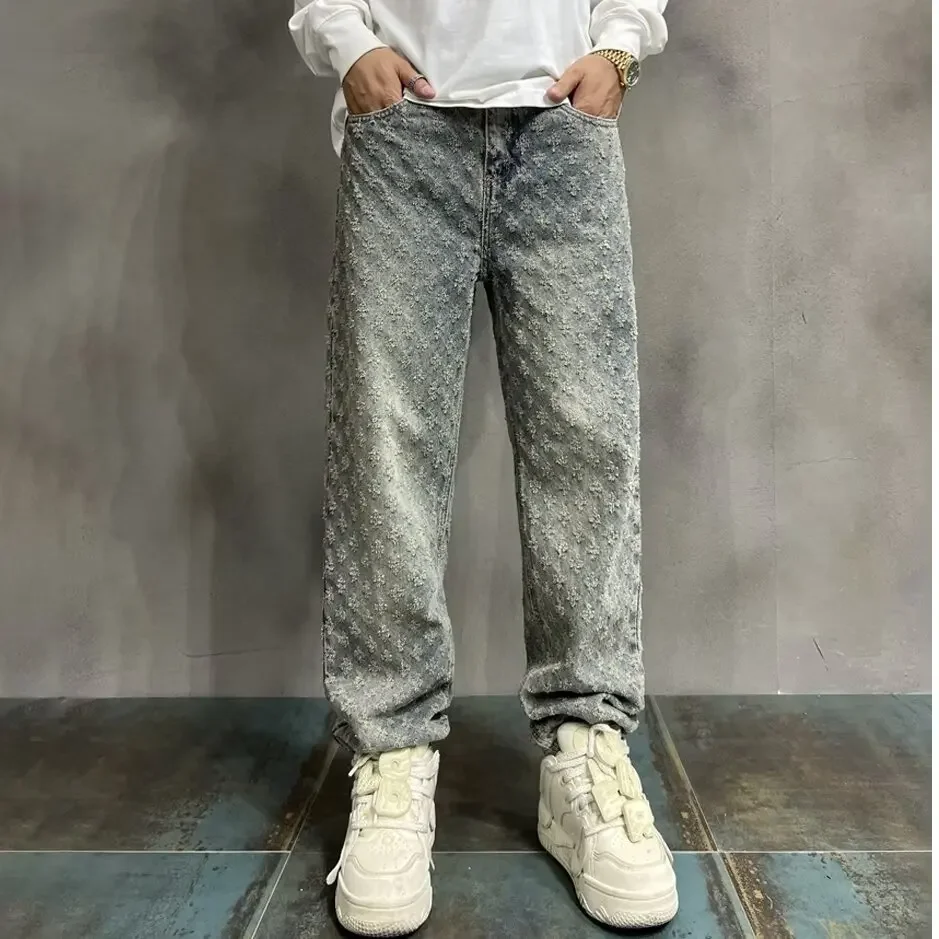 American Style Vintage Men's Jeans Loose Fit Full Printed Design Sensible Niche Straight Leg Pants New Spring Autumn Trendy Bran