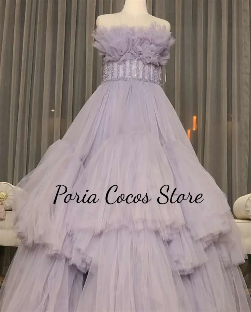 Customized Prom Gown for Women A-line Tiered Tulle Gorgeous Strapless Sleeveless Floor-Length Evening Party Dresses فساتين للحفل