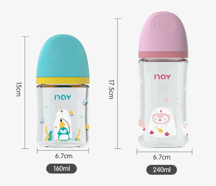 Colorful cartoon baby baby anti choking glass bottle suitable for newborns, 160ml 240ml 0-3 month bottle