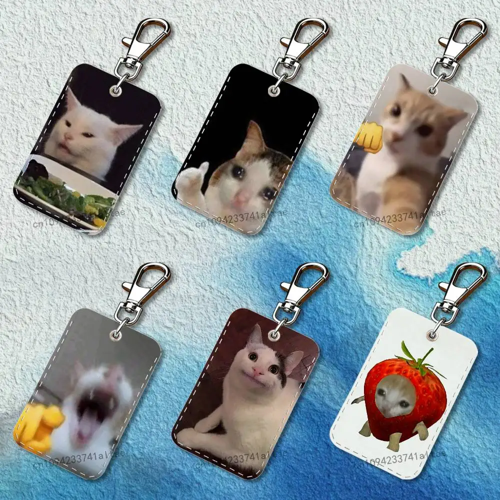 

Cat Memes Rectangle Card Case Keychain Access Card Bag Key Tag Ring Leather Card Holder Key Ring Access