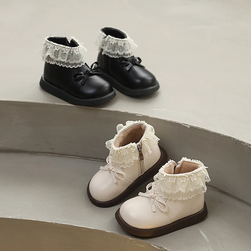 

2025 Girls Padded Fashion Short Boots Bow Thickened Warm Children's Walking Shoes Soft Non-slip Kids Baby Leather Boots