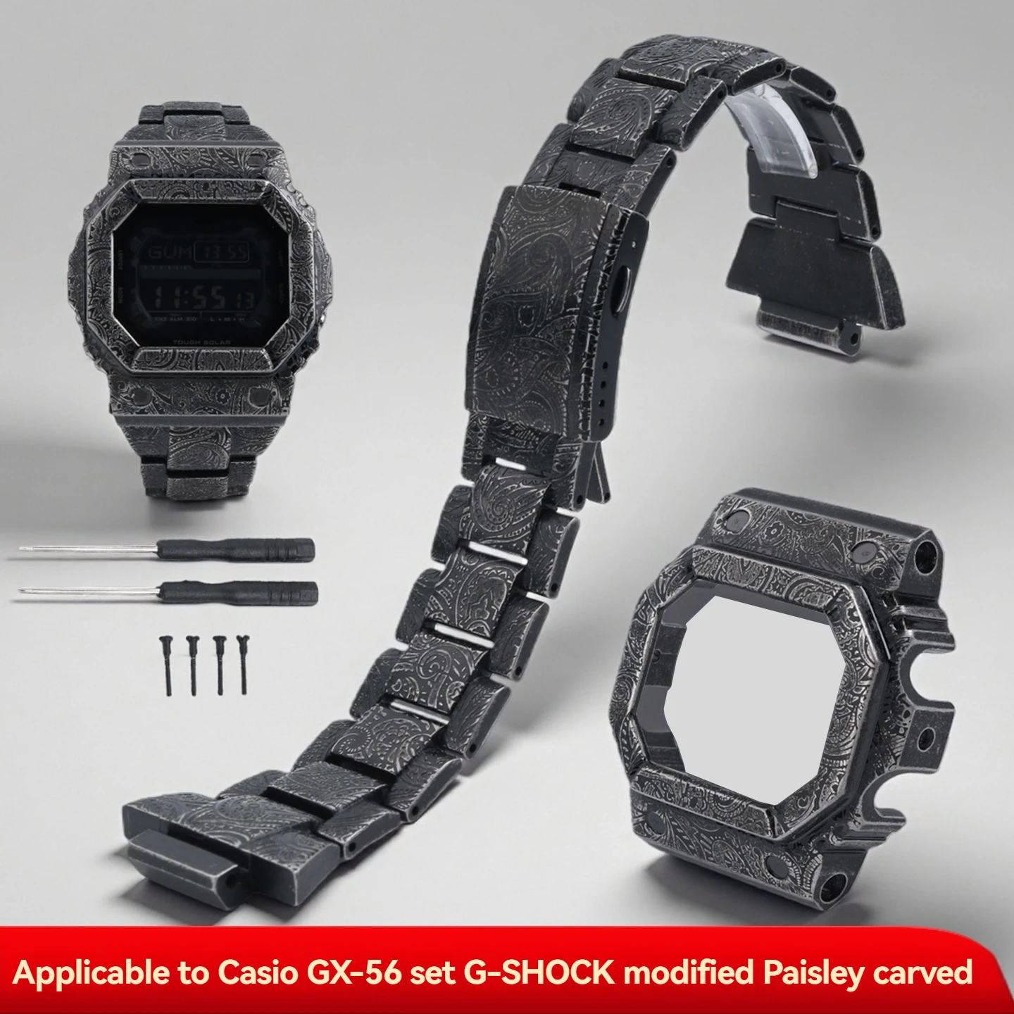 G-Refit GX56 حزام (استيك) ساعة/حافظة GXW56 حزام معدني 304L الفولاذ المقاوم للصدأ نمط بيزلي + أدوات ل G-SHOCK كاسيو GWX56BB #1