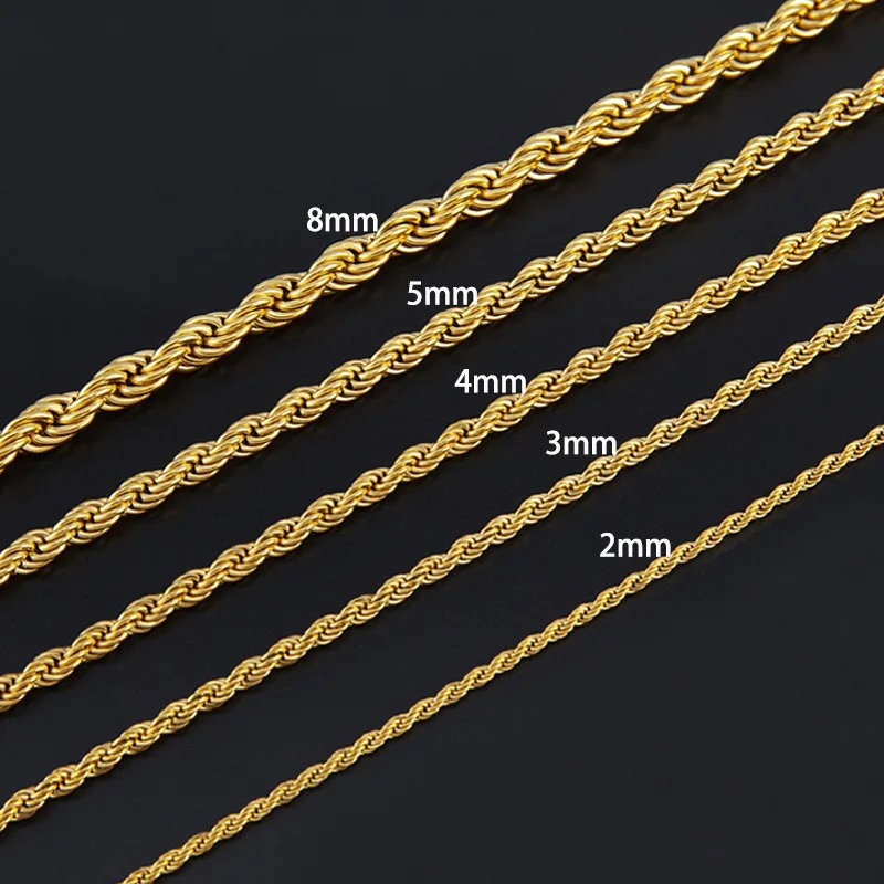 2/3/4/5mm Gold Color Twist Rope Chain Neaklace for Women Men Vintage Stainless Steel Choker Necklace Punk Hip Hop Jewelry