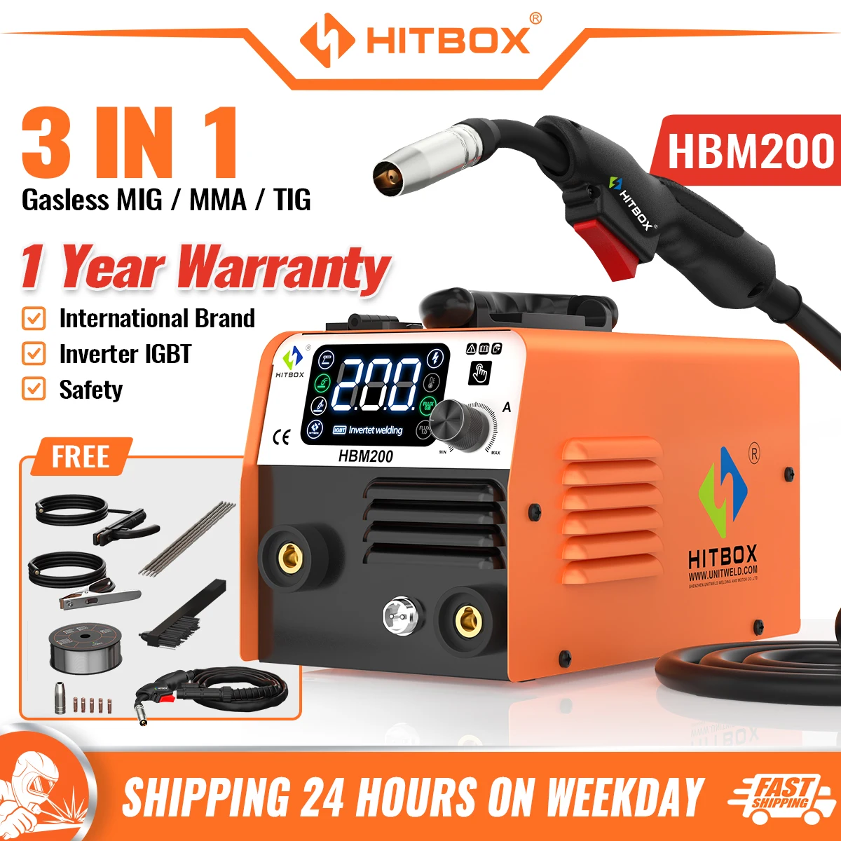 ماكينة لحام شبه أوتوماتيكية HITBOX 3 in1 MIG بدون عاكس غاز MMA Arc MIG TIG Welder Synergy HBM200