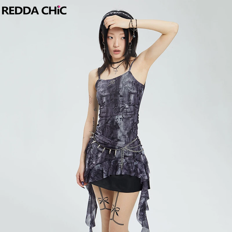 

REDDACHiC Butterfly Print Mesh Women Camisole Tie Dye Spaghetti Straps Shirring Flowy Ruffle Hem Asymmetric Top Retro Streetwear