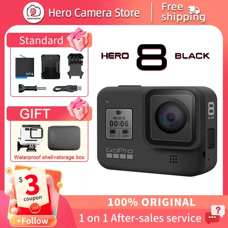 GoPro HERO8 Black Action camera pro fessional UHD 4K Video go pro digital cameras motorcycle Bicycle riding Slow Motion, Webcam