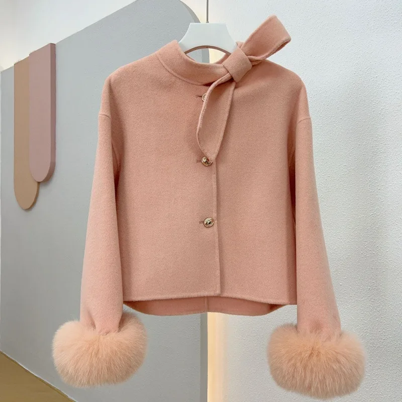 Wool Coat Ladies 2024 New Winter Real Natural Fox Fur Cuff Outwear Female Coat Cashmere Wool Woolen Women Luxury Jacket