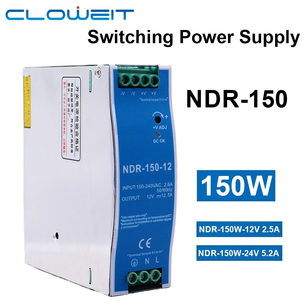 

Cloweit 2.5A 12V 5.2A 24V NDR150W Industrial DIN Rail Mounted AC TO DC Single Output Switching Power Supply
