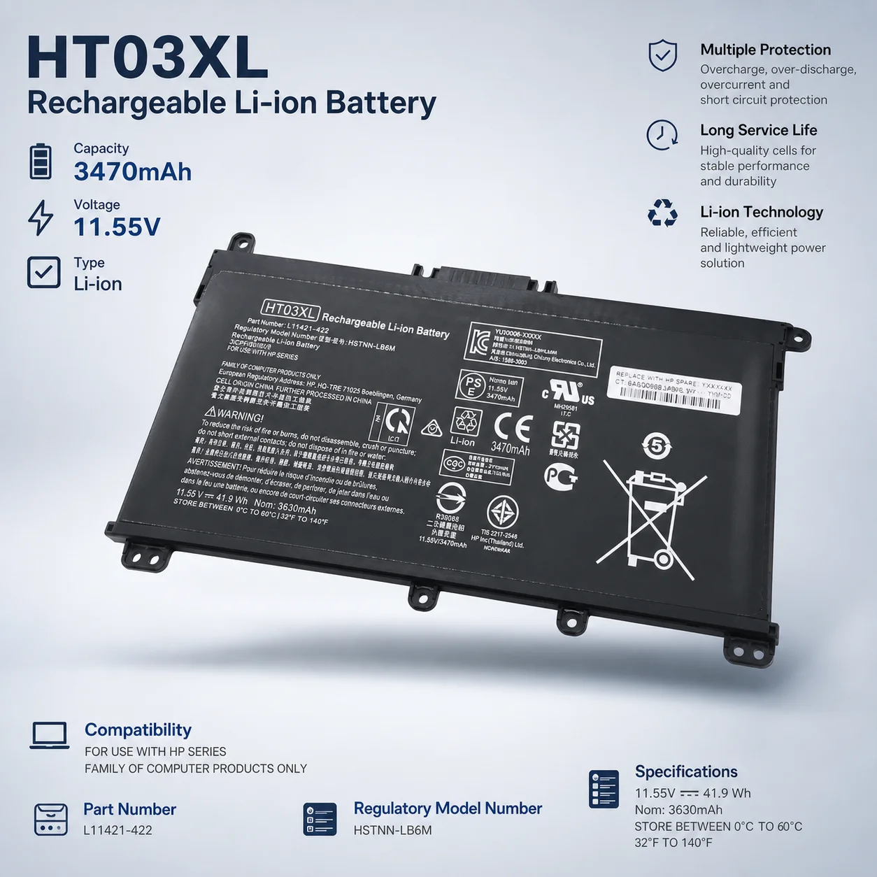 Replacement Laptop Battery HT03XL HSTNN-LB8L L11421-421 For HP Pavilion 14-CE0001LA 14-CE0014TU 14-CE0010CA 250 255 G7