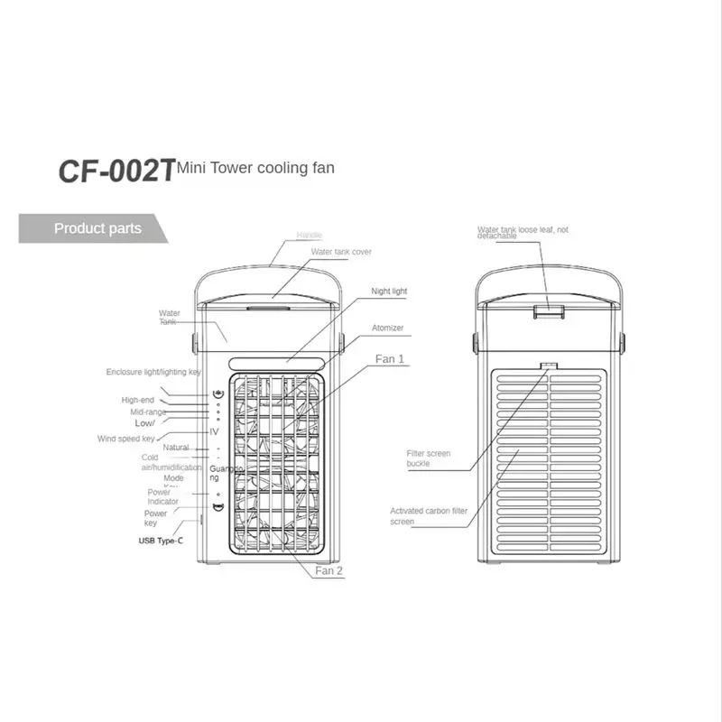 A99U Portable Air Conditioner Fan 3 in 1 Desk Air Cooler and Humidifier with 3 Fan Speeds and 7 Colors LED Light for Bedroom