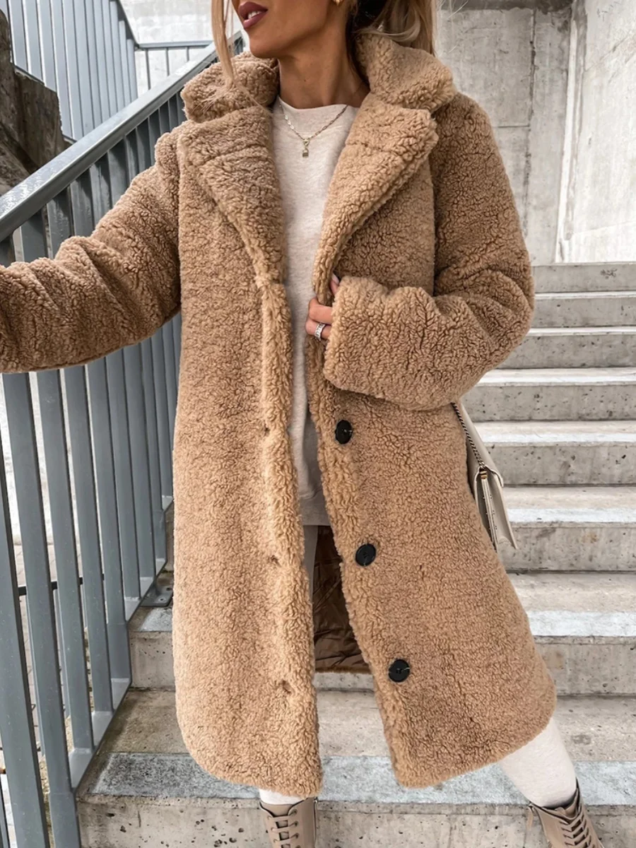 Cappotto lungo peloso Sve con risvolti Capispalla di media lunghezza Street Sle Chiusura con bottoni Vestibilità ampia oversize decorata