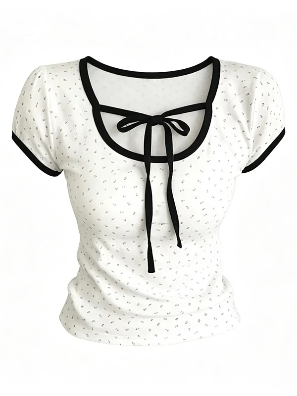 Floral Print Top Women's Summer Slim Fit Short Sleeve U-Neckline Breathable Casual Fashionable Tea Break Outfit  Knot