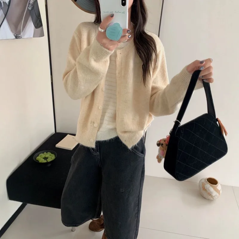 Spring Autumn Loose Vintage Knit Sweater Cardigan Long Sleeve Round Neck Gradient Retro Elegant Casual Kintwear Woman Harajuku