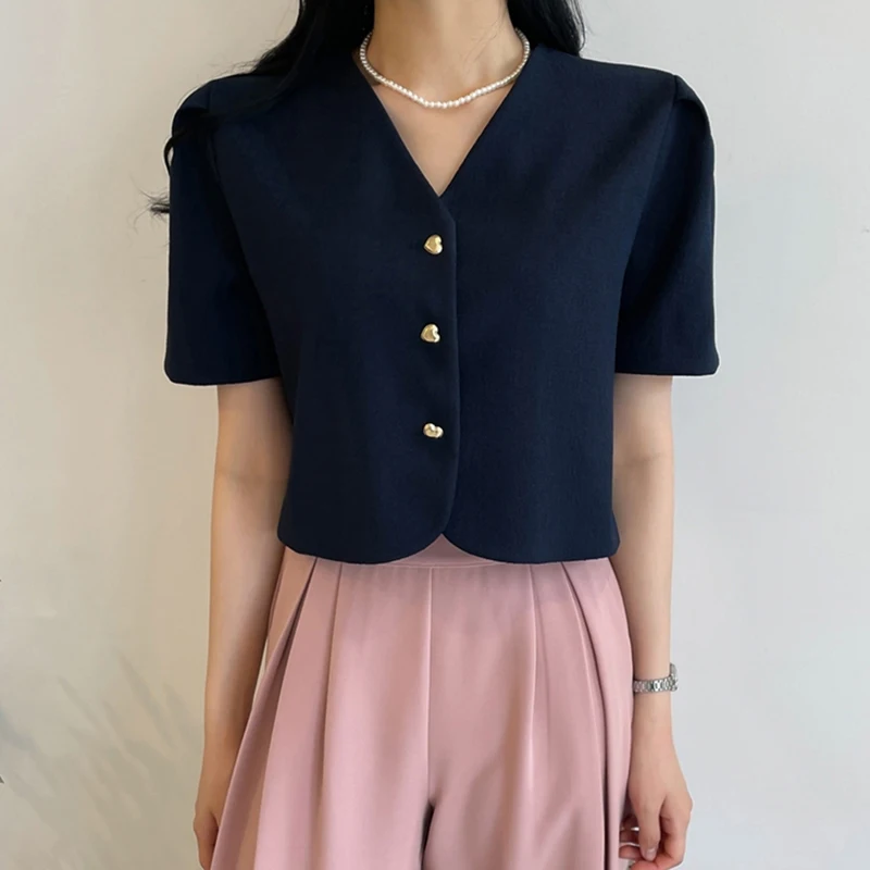 

Korean Chic Summer Small Fraance Sle V-ne Single Button Loose Casual Pure Color Bubble Sve Jaet for Women