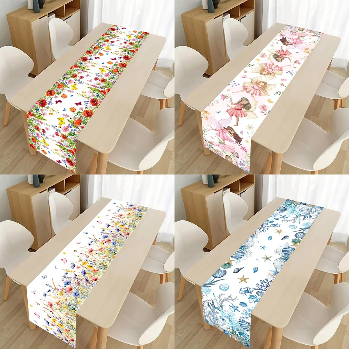 4 Styles Spring Flower Table Runner Fairy Garden Pattern Tablerunner Marine Life Theme Table Decor Birthday Home Decor