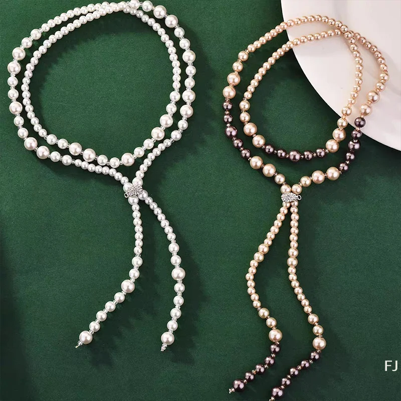 [YU]Double Layers Simulated Pearl Jewelry Long Necklace Women Classic Beads Chain Necklaces & Pendants Fine Gift