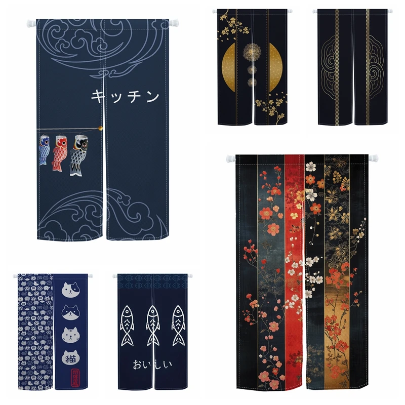 Japanese Style Noren Door Curtains Koi Fish Cat Floral Izakaya Dining Room Partition Linen Doorway Curtains Kitchen Half Curtain