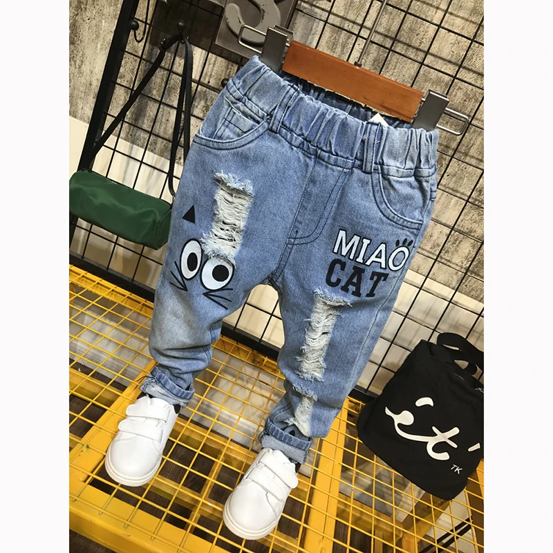 1-7Yrs New Girls Jeans Spring Autumn Children Trousers Baby Boys Girls Jeans Boys Casual Hole Pants Cartoon Cat Jeans Kids Pants