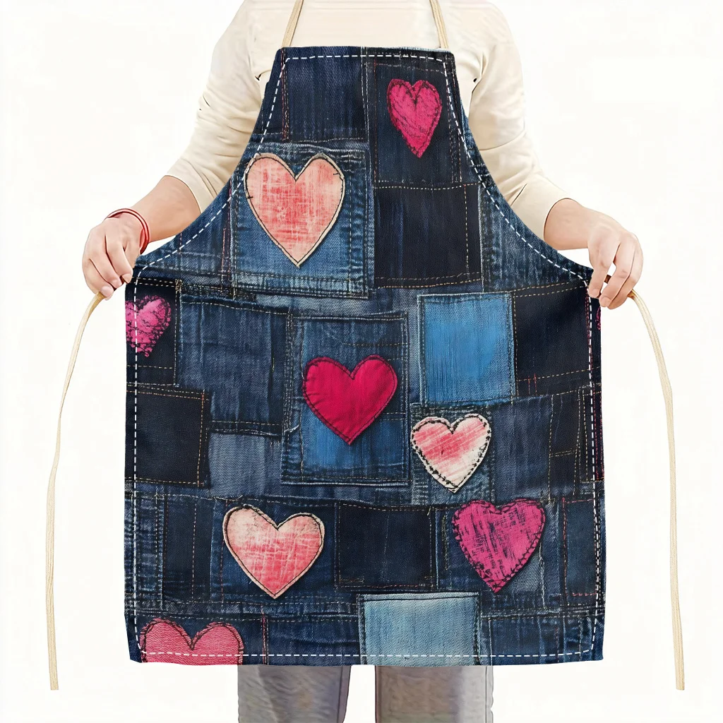 Denim Heart Patchwork Apron Linen Kitchen Cooking Baking Vintage Gift For Women Girls Mom